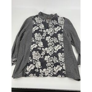 Chicos Women's‎ Floral Stripe Pullover Top Size 3 Black & White Long Sleeve